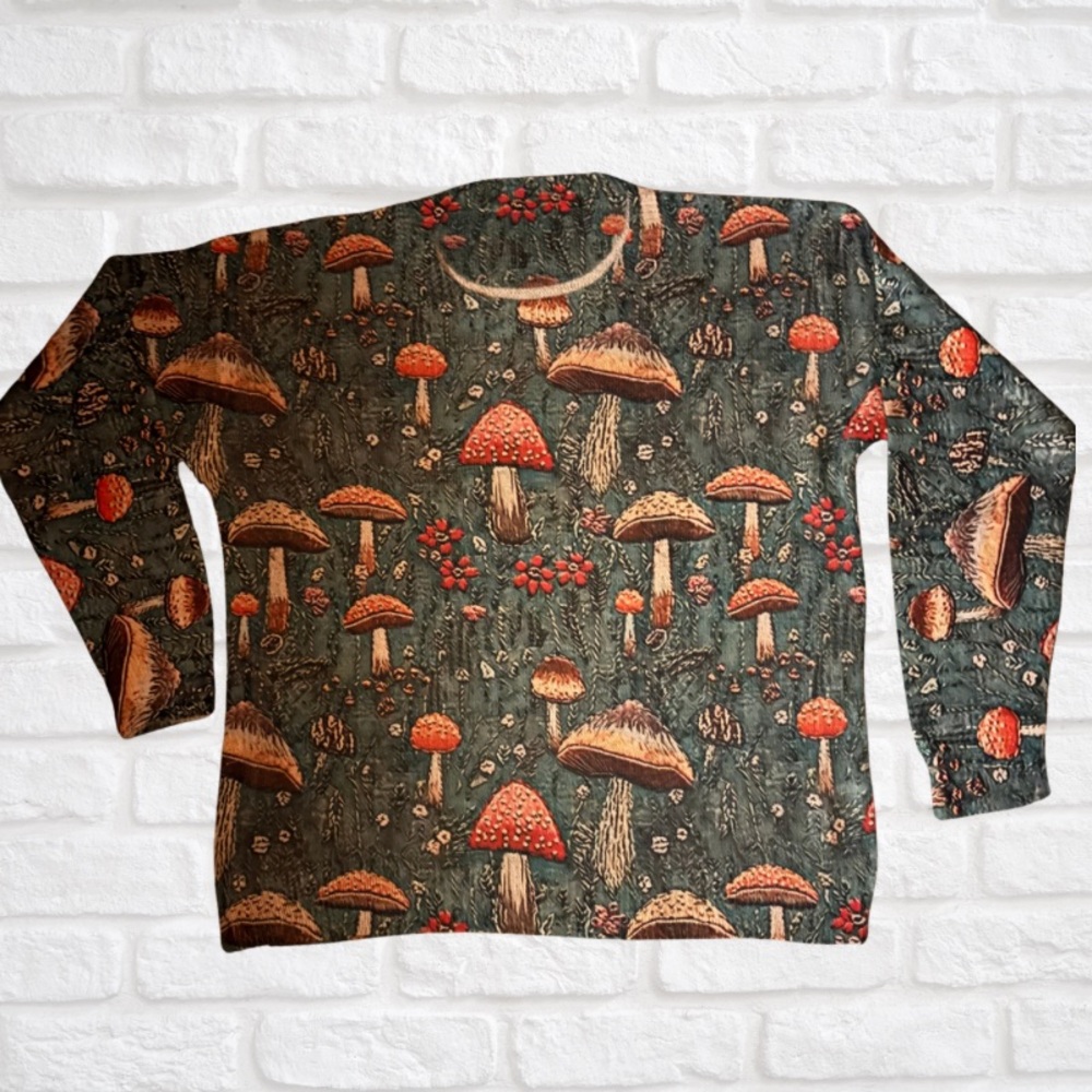 Mushroom Print Long Sleeve Sweatshirt - Forest Green & Rust